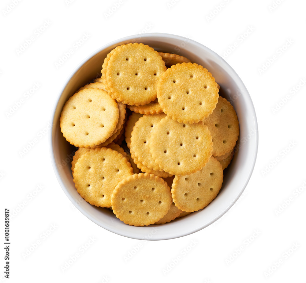 Round crackers in a bowl isolated on white background, top view. Round crackers in a bowl isolated on white background, top view.