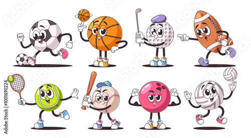 Vector Set Of Retro Cartoon Sports Balls Characters Featuring Fun Animated Faces And Playful Expressions