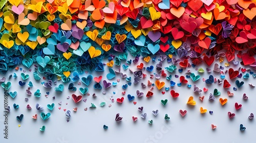 Colorful paper hearts scattered on white background. Festive rainbow heart confetti flat lay with copy space. Ideal for Valentine's Day, love-themed banners, invitations, or creative marketing 