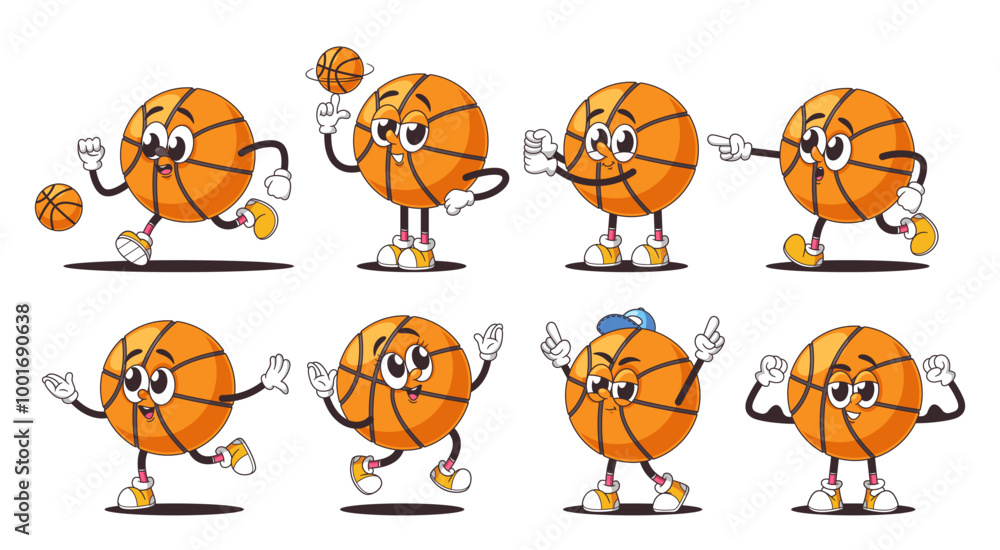 Collection Of Cartoon Retro Basketball Ball Characters Displaying Different Energetic Poses And Expressions, Vector Collection Of Cartoon Retro Basketball Ball Characters Displaying Different Energetic Poses And Expressions, Vector