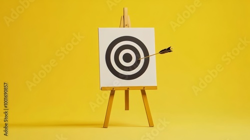 On an easel, a bull's-eye target is displayed against a bright yellow background photo