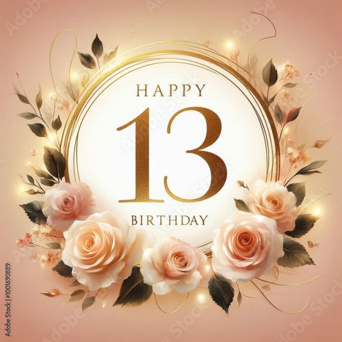 Fototapeta Naklejka Na Ścianę i Meble -  Beautiful birthday design featuring soft roses and 'Happy 13 Birthday' text.