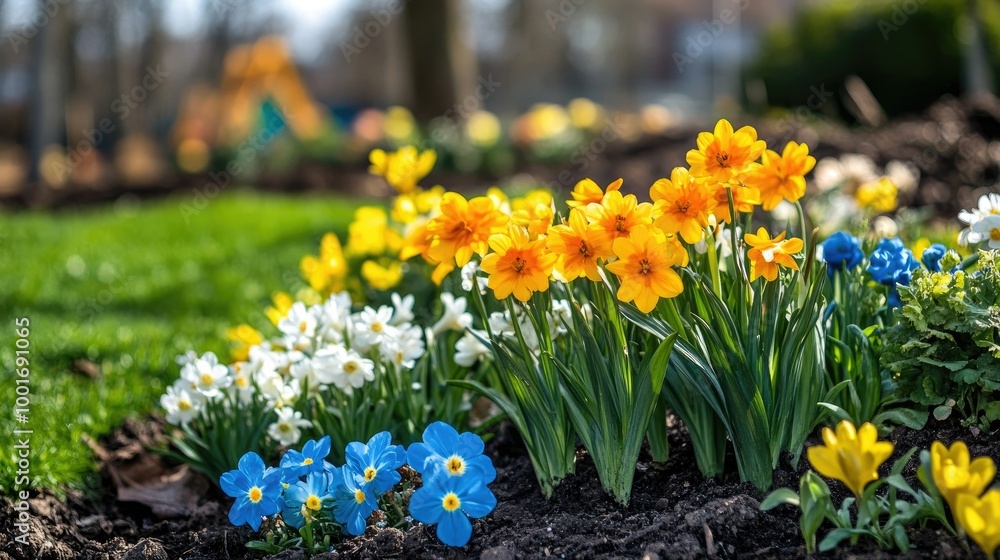 A close-up shot of a cluster of yellow, white, and blue flowers in a park. The flowers are in full bloom and the background is a soft blur. A close-up shot of a cluster of yellow, white, and blue flowers in a park. The flowers are in full bloom and the background is a soft blur.