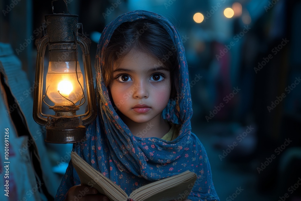 Portrait of a young girl reading a book by lantern light Portrait of a young girl reading a book by lantern light