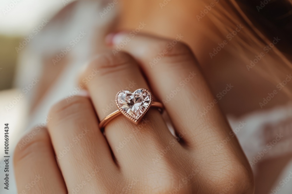 Close up of a woman's hand showcasing a rose gold engagement ring featuring a large heart-shaped diamond, highlighting a romantic moment Close up of a woman's hand showcasing a rose gold engagement ring featuring a large heart-shaped diamond, highlighting a romantic moment