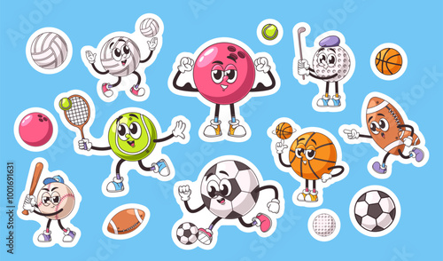 Set Of Colorful Retro Sports Ball Stickers Featuring Cartoon Characters Like Football, Basketball, Soccer, Tennis, Rugby