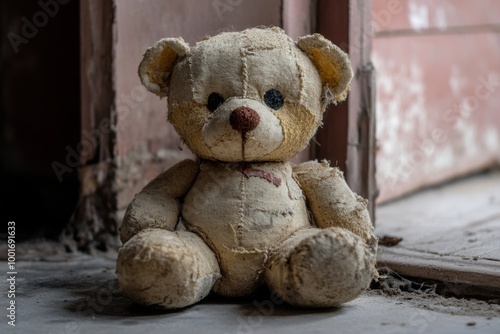 Vintage teddy bear showing signs of wear and nostalgia, evoking childhood memories and sentimentality