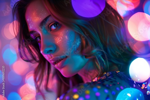 Close-up of a woman with glittery makeup and large earrings, surrounded by colorful disco lights and reflective surfaces. Glamorous party atmosphere.