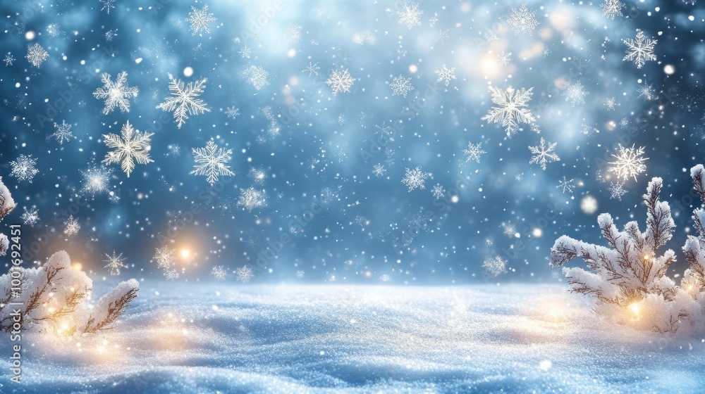 A wintery scene with sparkling stars and falling snowflakes. This beautiful design is perfect for holiday cards, Christmas prints, or New Year's designs. A wintery scene with sparkling stars and falling snowflakes. This beautiful design is perfect for holiday cards, Christmas prints, or New Year's designs.
