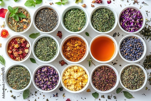 A white bowl with a variety of herbs and spices, including rosemary, basil