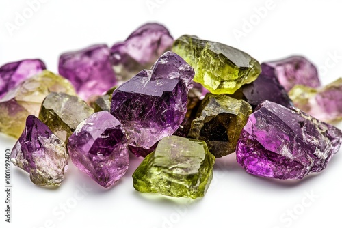 Stack of polished green gemstones on white background