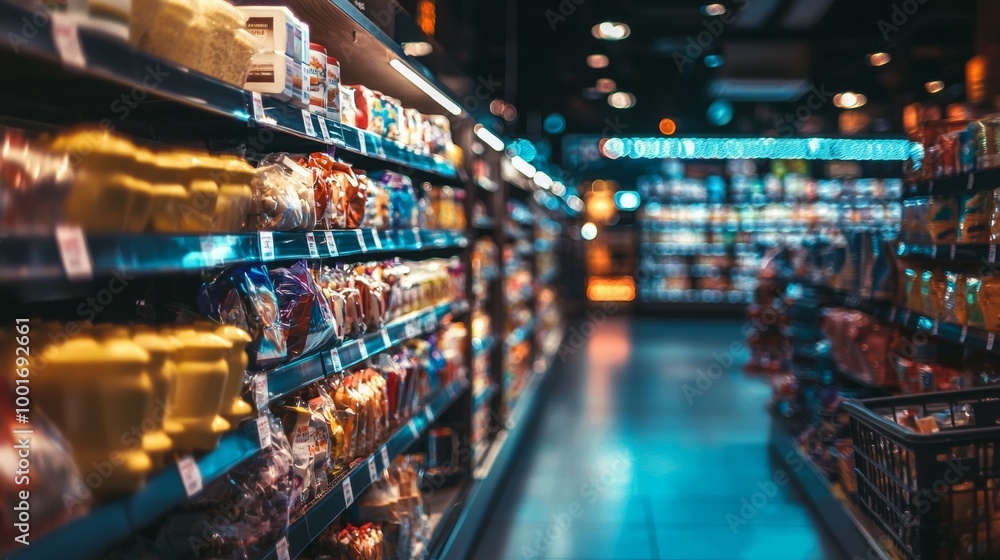 Blurred supermarket aisle with shelves full of packaged goods and products Blurred supermarket aisle with shelves full of packaged goods and products