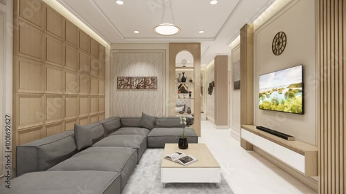 A stylish bedroom with a neatly made bed and a large mirror, creating a bright and inviting atmosphere