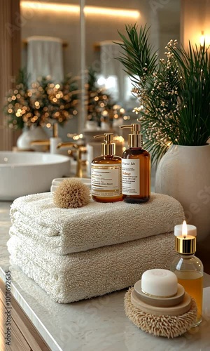 Elegant bathroom setup with towels and skincare products.