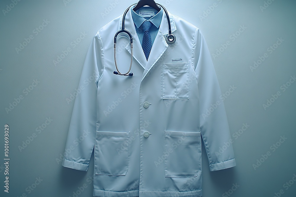 A white lab coat with a stethoscope hanging from the pocket A white lab coat with a stethoscope hanging from the pocket