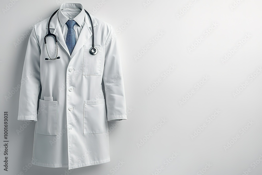 A white lab coat with a blue and white tie is displayed on a white background A white lab coat with a blue and white tie is displayed on a white background