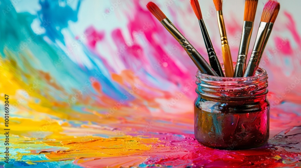 Obraz premium Colorful paintbrushes in a jar with vibrant abstract paint background