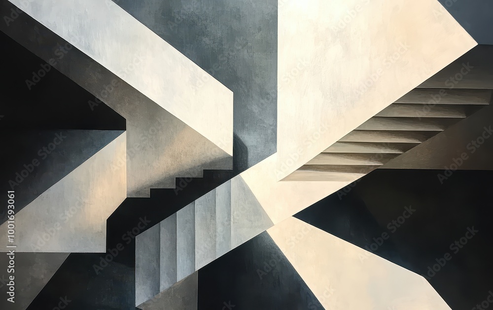 Fototapeta premium Abstract geometric composition featuring stairs and contrasting light, ideal for modern art and design themes.