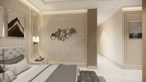  A tranquil bedroom scene with a neatly made bed and a large mirror, contributing to a peaceful retreat
