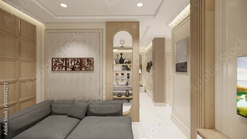 A sleek modern bedroom showcasing a comfortable bed and a spacious mirror that enhances the room's ambiance