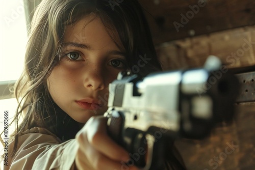 close-up photo of a girl holding a pistol she found in a drawer at home, highlighting the importance of firearm safety and the potential dangers of guns in the household.