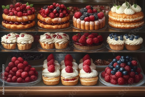 delicious sweet pastries meticulously arranged in a glass display case of a candy store featuring vibrant berries and tempting eclairs creating a mouthwatering scene of confectionery delight