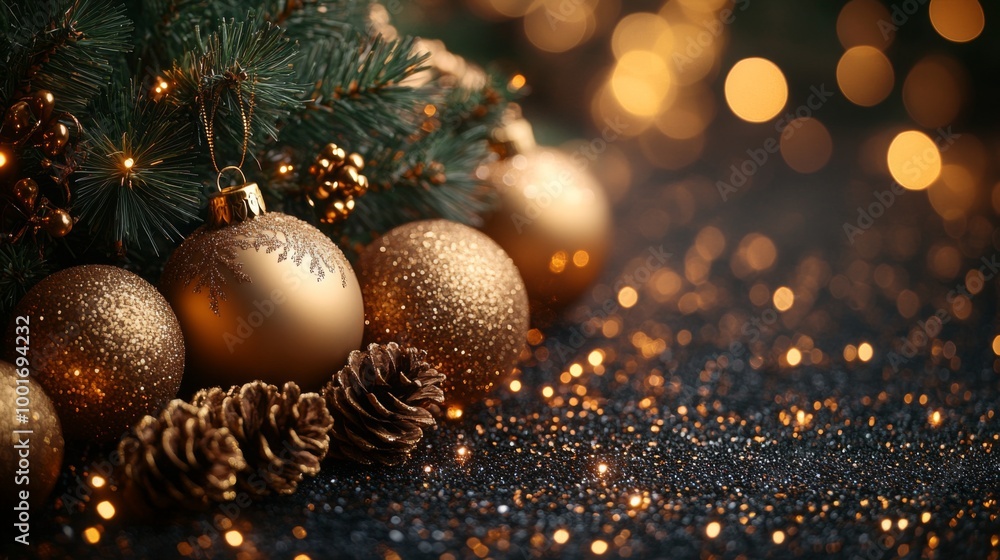Christmas and New Year holidays background. Christmas tree with golden baubles and lights bokeh background. Space for text. Copy space. Greeting card. Christmas and New Year holidays background. Christmas tree with golden baubles and lights bokeh background. Space for text. Copy space. Greeting card.