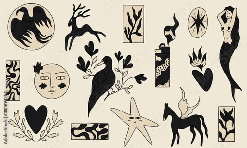 A set of fancy stickers. Bird, abstractions, plants, horse, heart, lighter, mermaid, star, deer, heart, face. Tattoo sketch, vector illustration. Boho-hippie style.