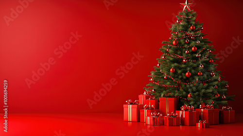 christmas tree with lights and presents.christmas tree with gifts.Transparent and Red Christmas ball with snow effect set.