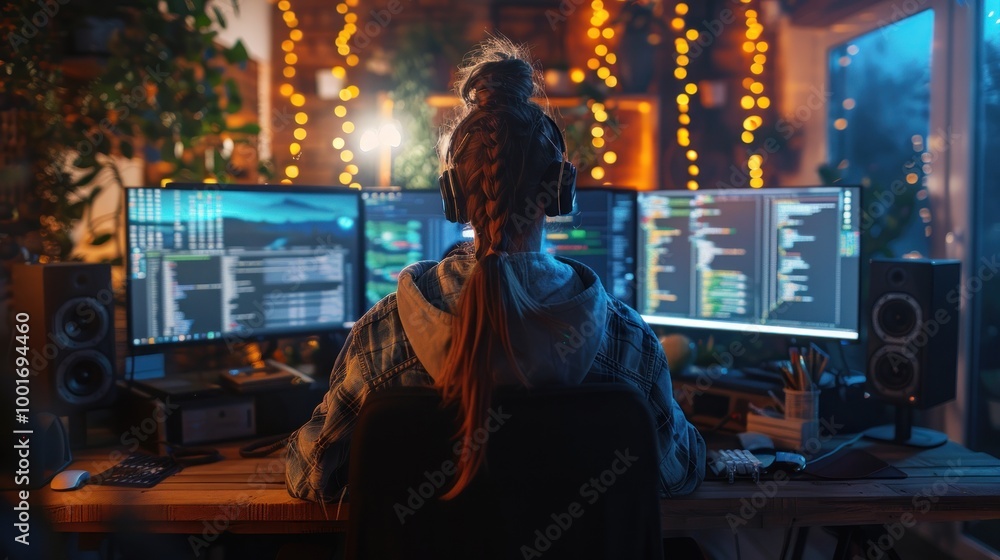 A programmer coding at a desk with multiple monitors in dim lighting with a concentrated and intense atmosphere.