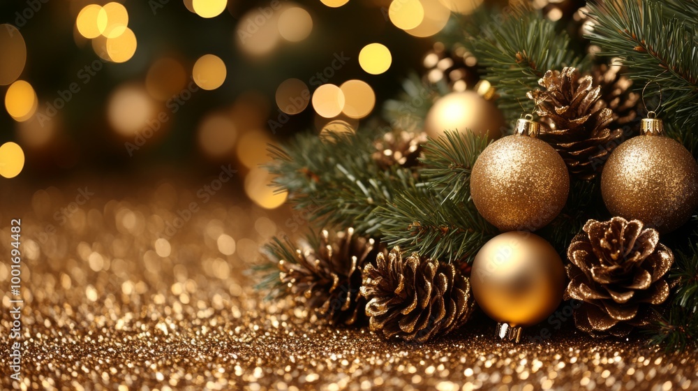 Christmas and New Year holidays background. Christmas tree with golden baubles and lights bokeh background. Space for text. Copy space. Greeting card. Christmas and New Year holidays background. Christmas tree with golden baubles and lights bokeh background. Space for text. Copy space. Greeting card.