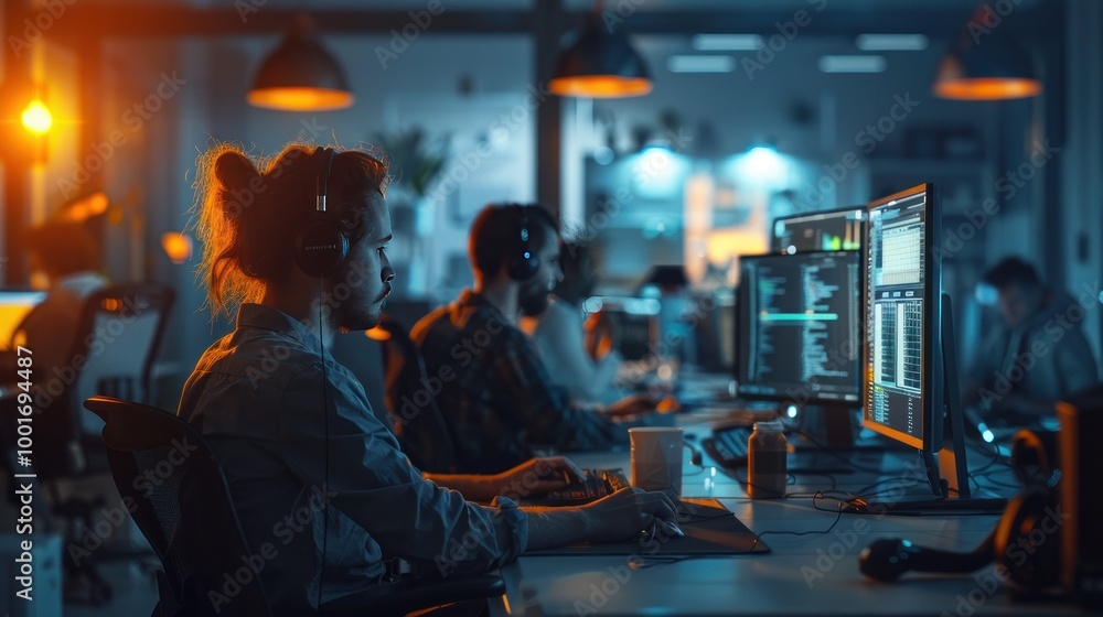 A group of programmers collaborating in a modern office with bright lighting and a focused atmosphere. A group of programmers collaborating in a modern office with bright lighting and a focused atmosphere.