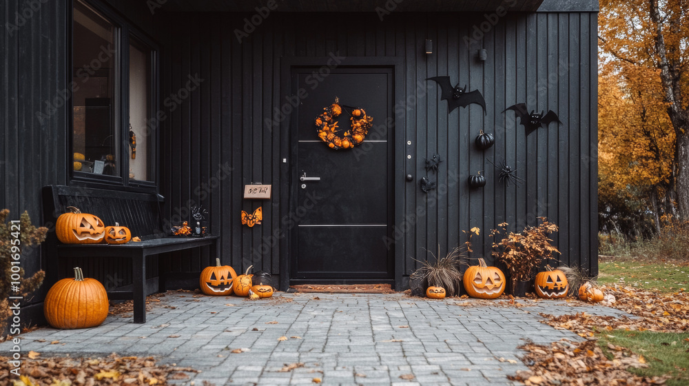 Obraz premium A modern black house with a black bench sits against a backdrop of spooky Halloween decorations. Carved pumpkins, bats, and spiders adorn the front door, setting the scene for a festive celebration.