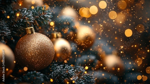 Christmas and New Year holidays background. Christmas tree with golden baubles and lights bokeh background. Space for text. Copy space. Greeting card.