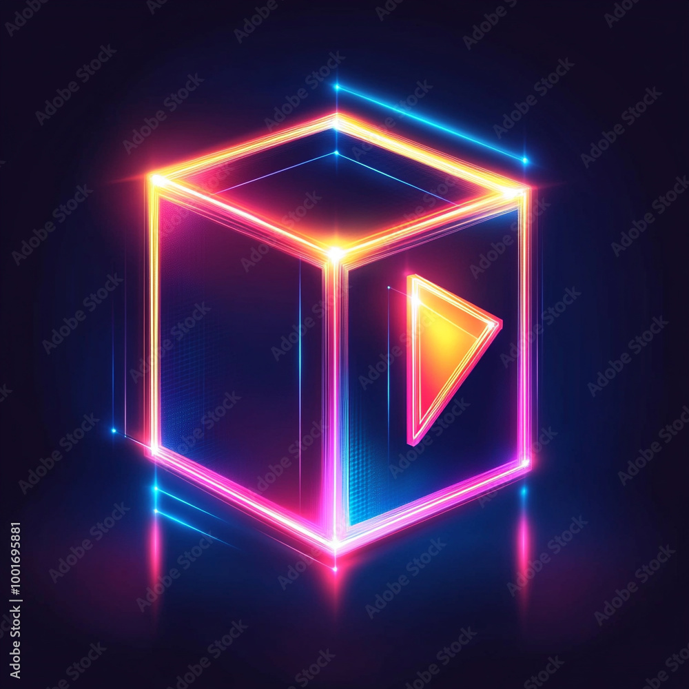 Neon glowing digital cube with play icon. 3d cyber start button. Gaming, cinema, music, tv background with glowing play button. Press to play. Neon glowing digital cube with play icon. 3d cyber start button. Gaming, cinema, music, tv background with glowing play button. Press to play.