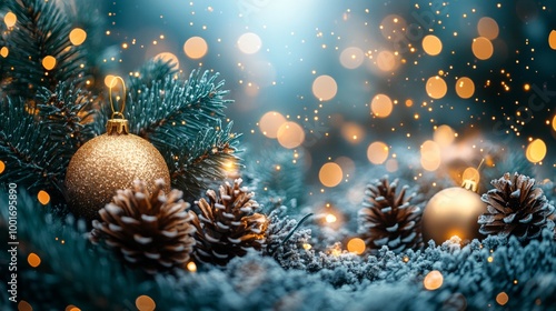 Christmas and New Year holidays background. Christmas tree with golden baubles and lights bokeh background. Space for text. Copy space. Greeting card.
