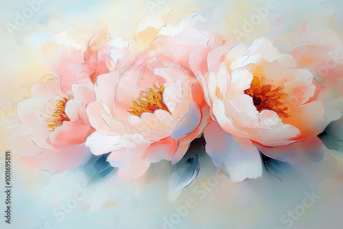 Fototapeta Naklejka Na Ścianę i Meble -  Painting of delicate peonies in soft colors, showcasing vibrant petals and gentle brushstrokes, art therapy concept