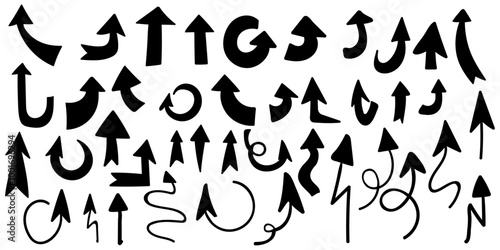 Arrows of all kinds. Set of black silhouettes of arrows, various arrow pointers.