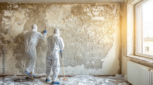 Workers in protective suits and masks handling debris in an indoor environment, likely during a hazardous material cleanup or asbestos removal. photo