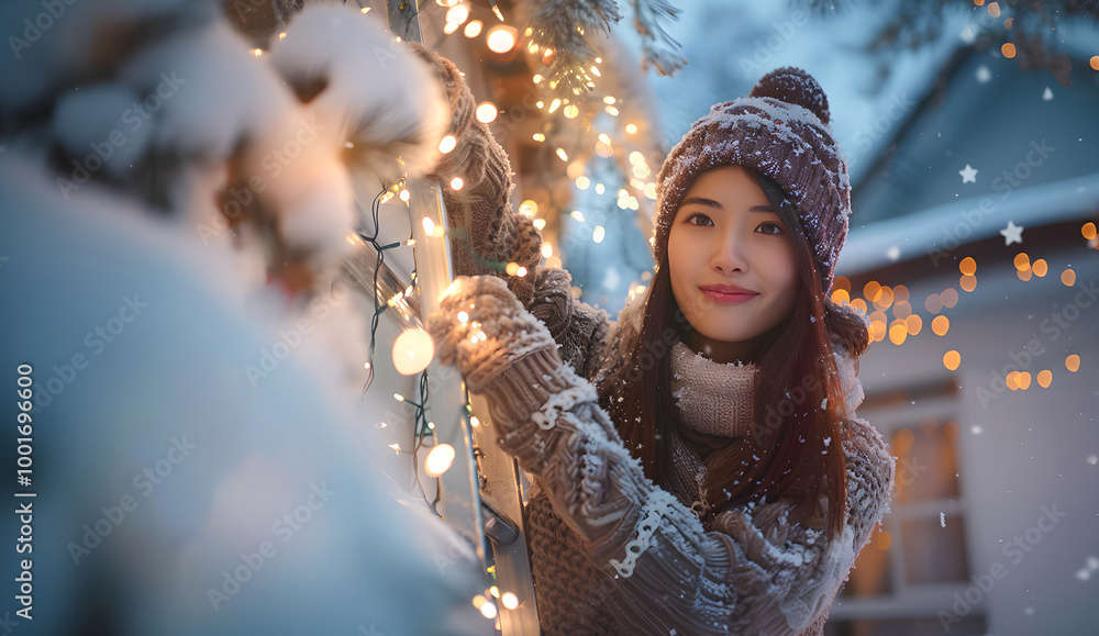 asian woman in winter clothes setting up holiday lights asian woman in winter clothes setting up holiday lights
