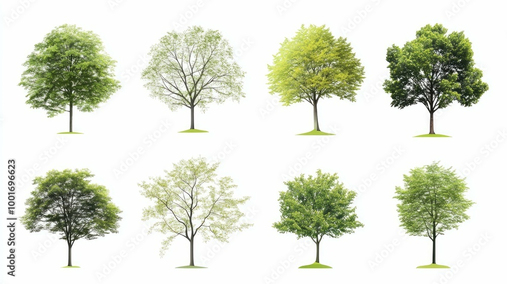 Fototapeta premium A collection of eight different types of trees, with varying shades of green foliage, isolated on a white background.
