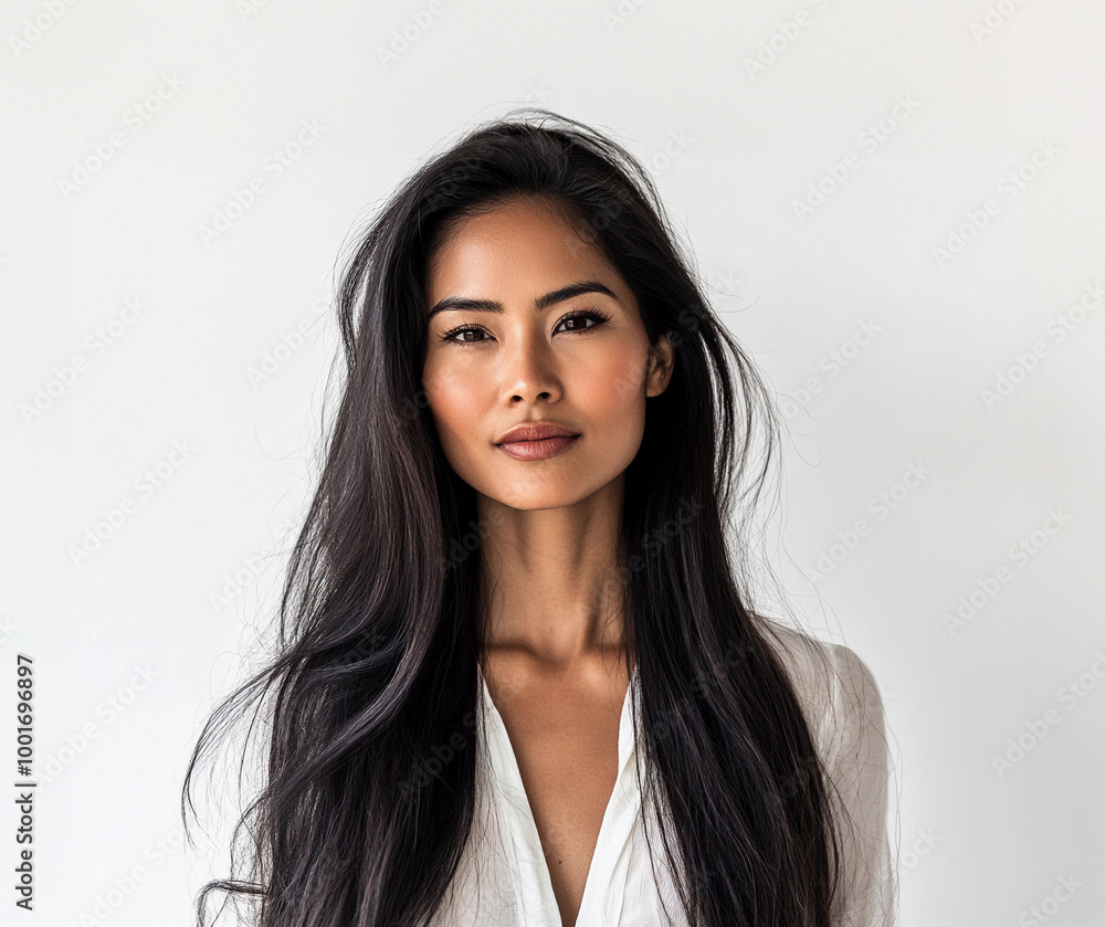 Beautiful Filipina asian woman mid 30s model with long black hair for skincare or hair care ad with space for copy or logo design Beautiful Filipina asian woman mid 30s model with long black hair for skincare or hair care ad with space for copy or logo design