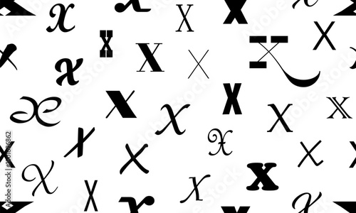 Vector seamless alphabet pattern with black bold latin letters. White repeatable unusual background. Fashion trendy design. Seamless black alphabet pattern on white. Letter x