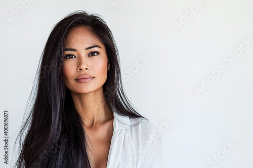 Beautiful Filipina asian woman mid 30s model with long black hair for skincare or hair care ad with space for copy or logo design