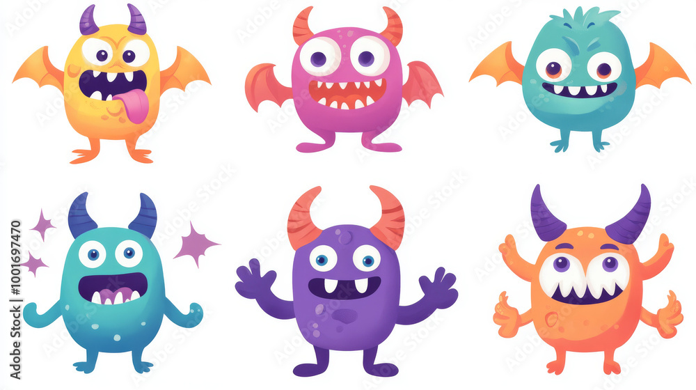 A set of cute monster icons perfect for Halloween! They have funny faces with big eyes, horns, teeth, and tongues. They're colorful and have different poses, like hands up or down. A set of cute monster icons perfect for Halloween! They have funny faces with big eyes, horns, teeth, and tongues. They're colorful and have different poses, like hands up or down.