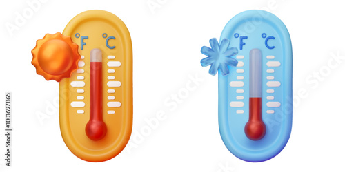 3D thermometers icons with sun and snowflake. Climate and forecast concept elements isolated on white background. Cold, snowy and heat. Vector illustration