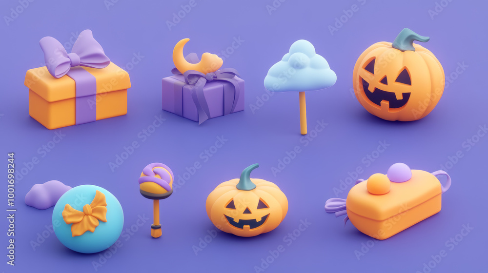 A set of spooky Halloween icons in 3D. Includes a pumpkin, gift box, witch's hat, candy, moon and clouds, and a magic broom. A set of spooky Halloween icons in 3D. Includes a pumpkin, gift box, witch's hat, candy, moon and clouds, and a magic broom.