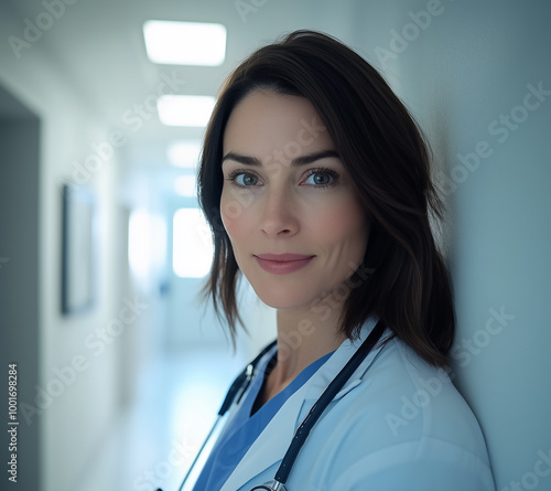 Photo of a female doctor wearing a lab coat with a stethoscope around her neck.