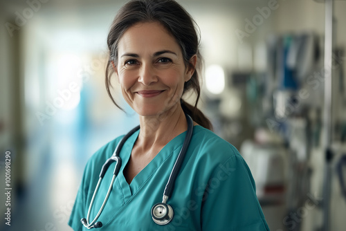 Photo of a female doctor wearing a lab coat with a stethoscope around her neck.