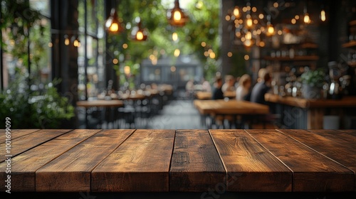 Empty wooden table in modern restaurant interior with people